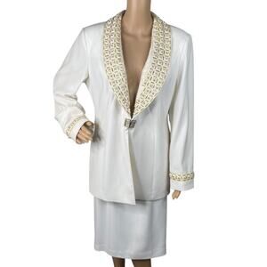 Louise Ricci White Velvet Beaded Embellished Suit Jacket + Skirt Set SZ 14
